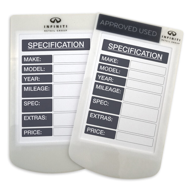 Branded silent spec card holders New vehicle display