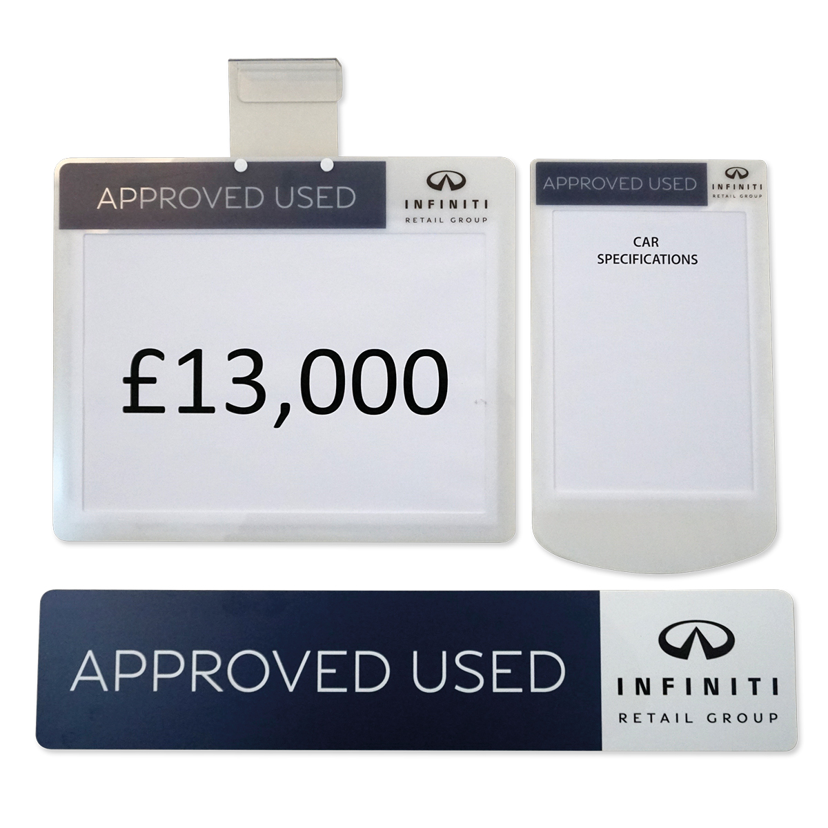 Branded silent spec card holders New vehicle display