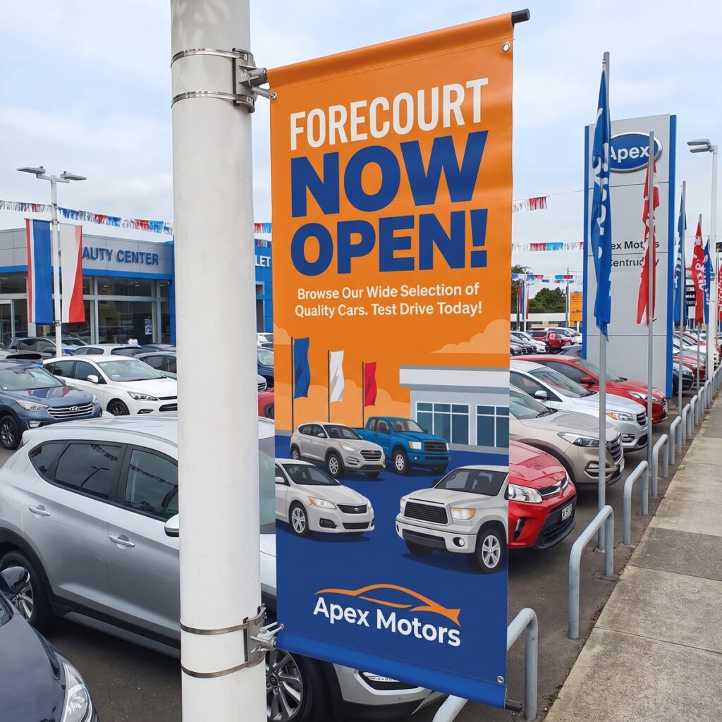 Cast aluminium lamp post banner hardware holding a forecourt banner on a lamp post