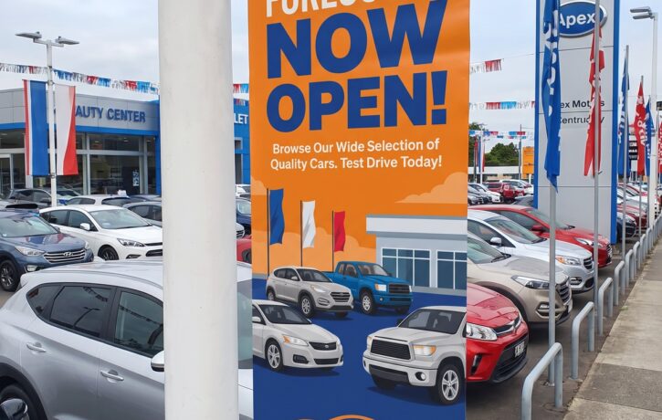 Cast aluminium lamp post banner hardware holding a forecourt banner on a lamp post